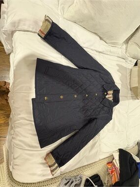 Burberry Navy Quilted Utility Jacket with Heritage Check Trim